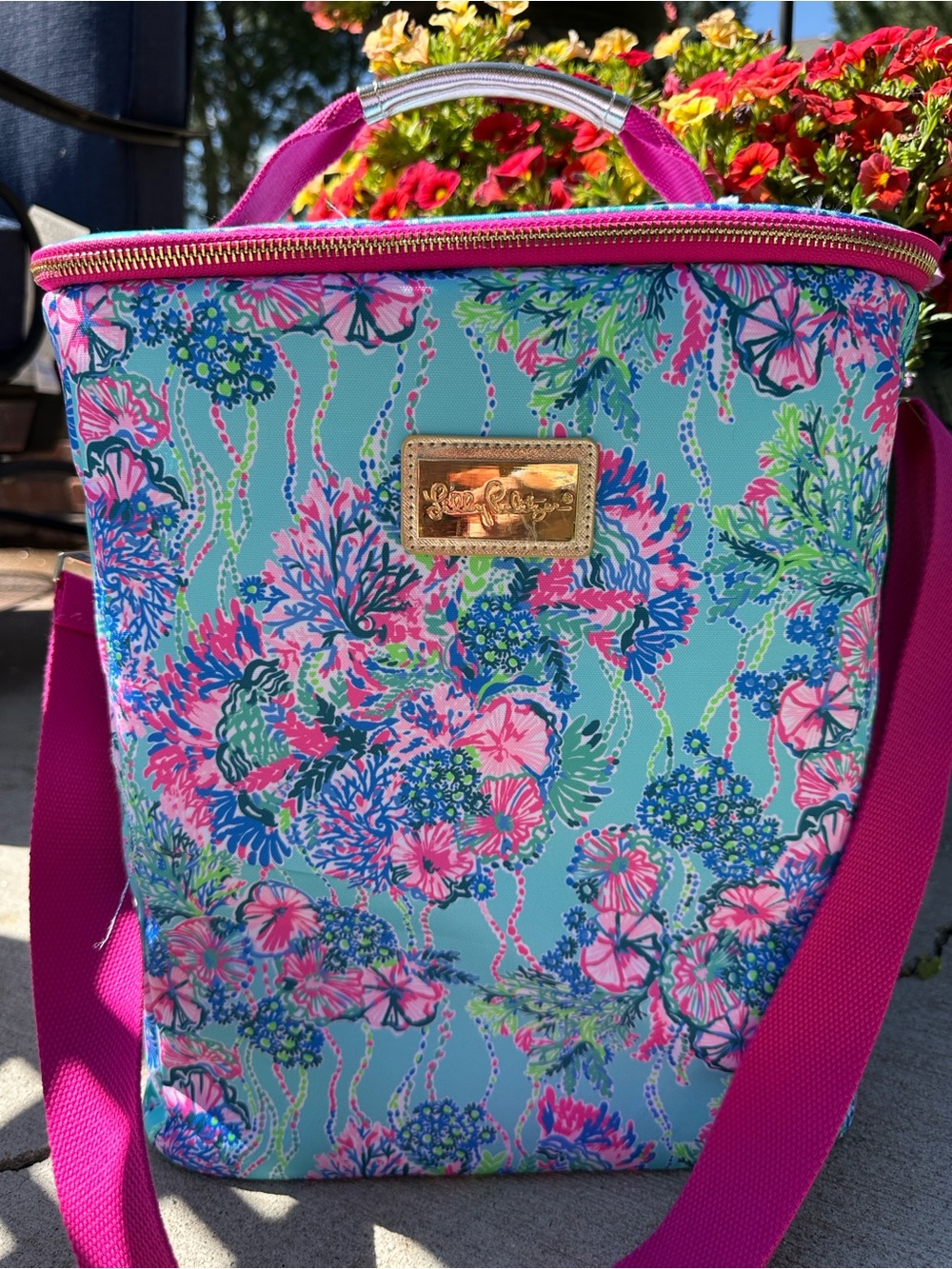 Lilly Pulitzer Aqua Floral Cooler Tote with Hot Pink Trim